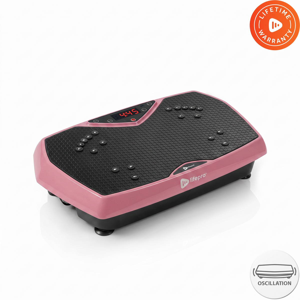 Lifepro HexaPlate vibration plate in pink, angled studio shot with LED display and Lifetime Warranty badge.