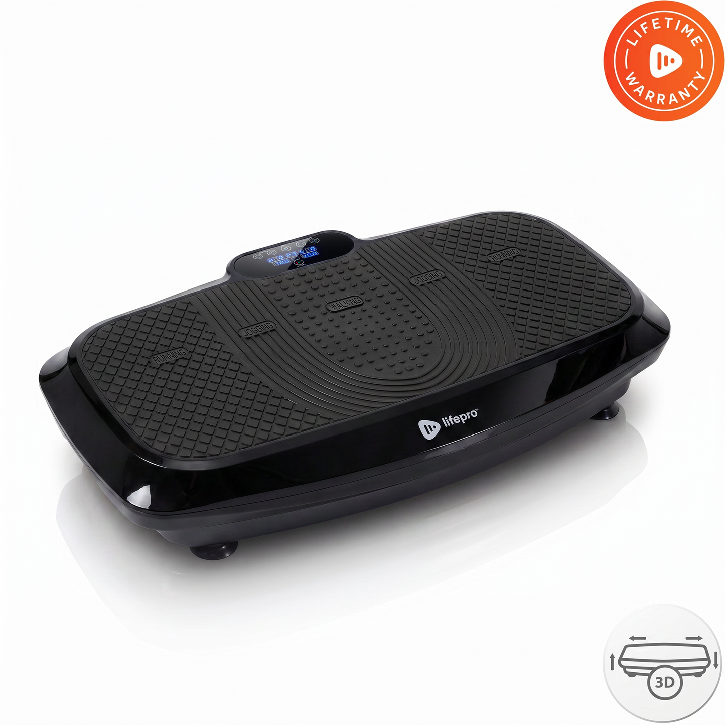 Turbo 3D Vibration Plate in black, angled view with Running, Jogging, and Walking intensity zones labeled on the deck.