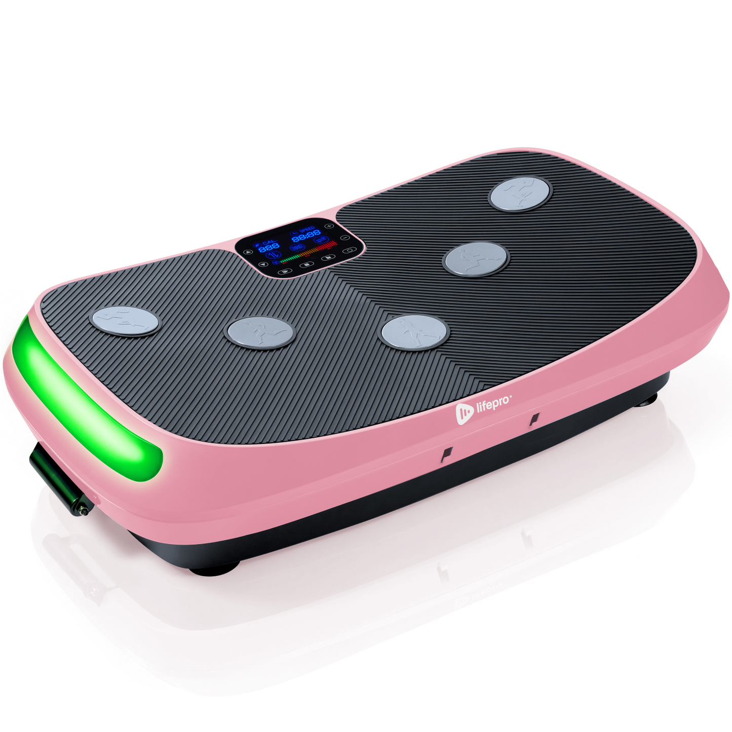 Pink Rumblex 4D vibration plate product photo viewed at an angle with a glowing green base light and LED display