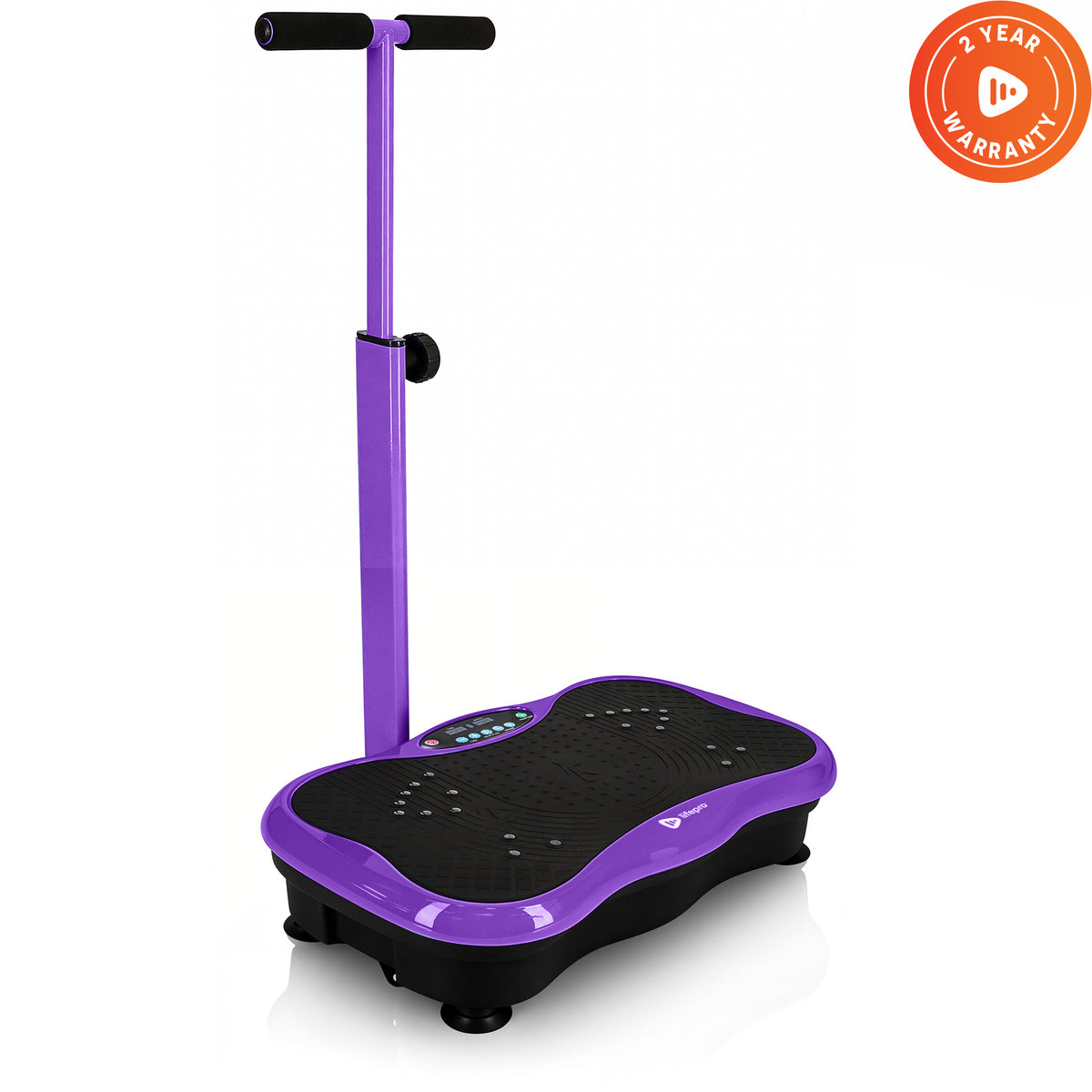 LifePro TrimLite Vibration Plate in purple, angled studio shot with the T-handle raised and a Lifetime Warranty badge