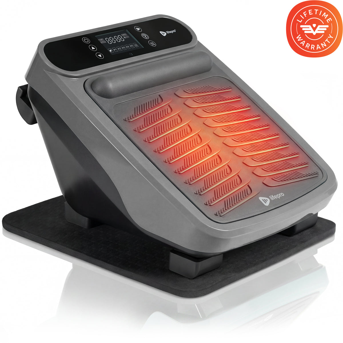 VibraFlow Plus massager in silver and black, glowing red across its textured foot pads and calf roller, with a Lifetime Warranty badge.