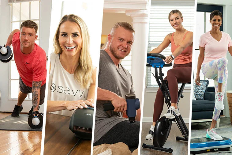 5 people, 2 men and 3 women, all exercising 