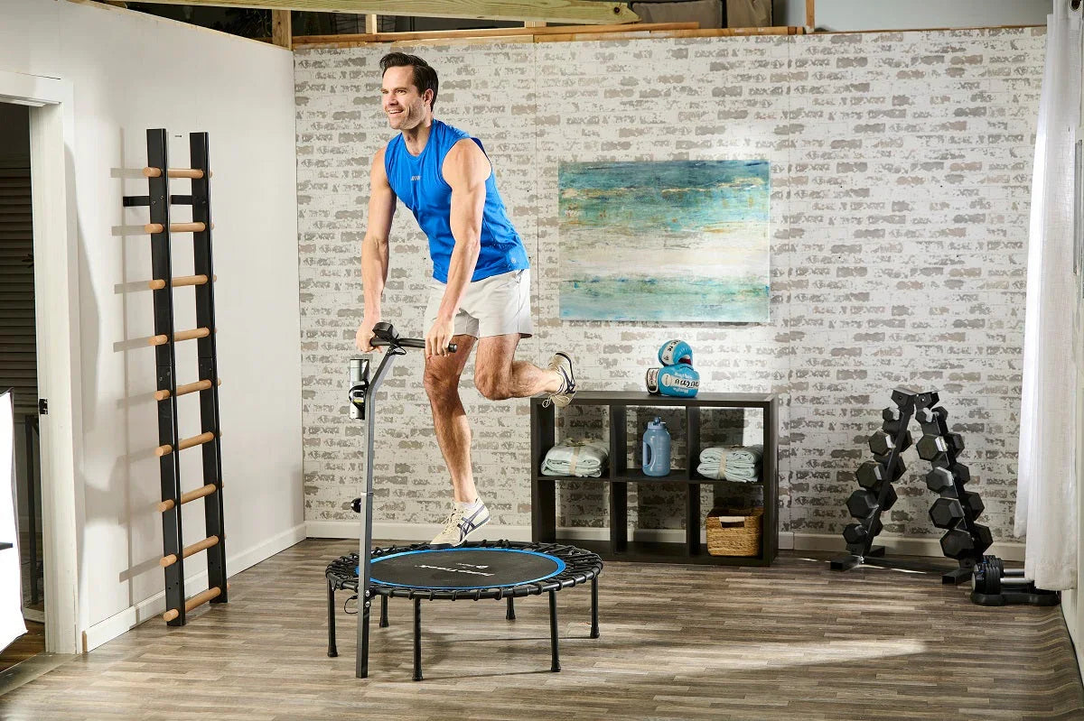 senior rebounding balance training exercises on mini trampoline