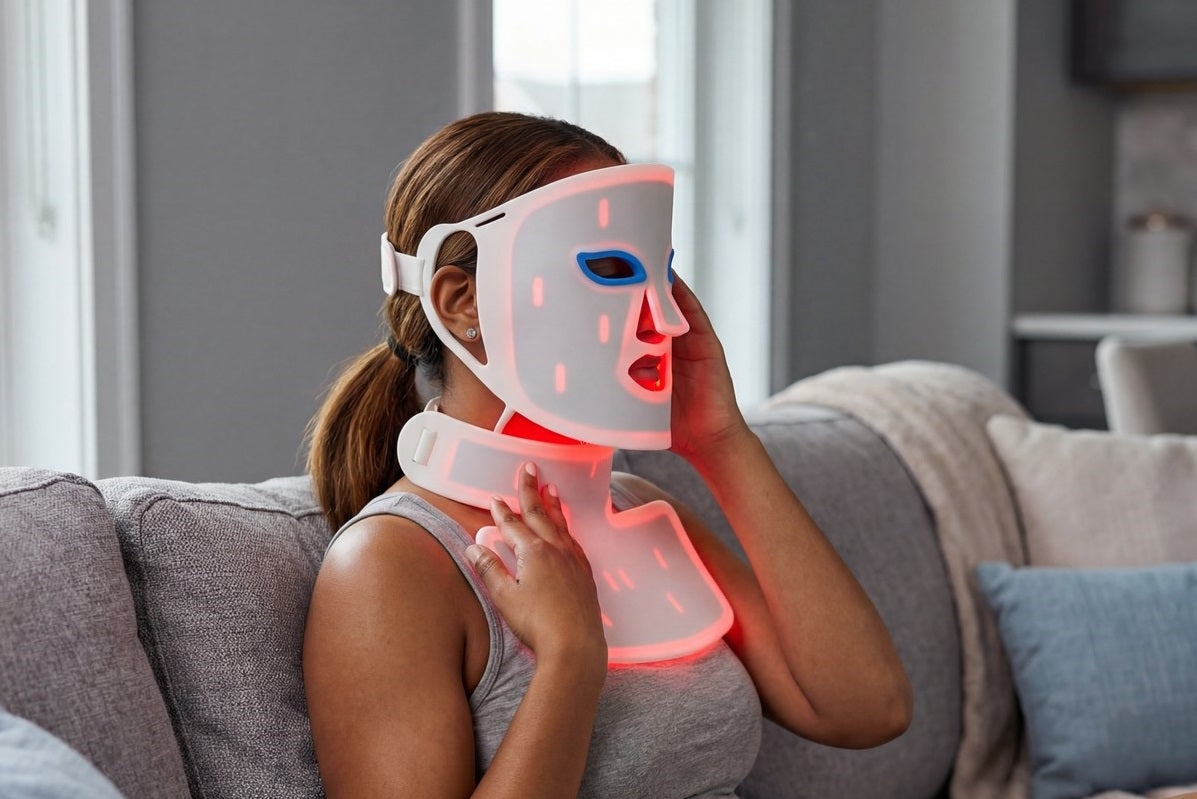 Woman using red light face mask