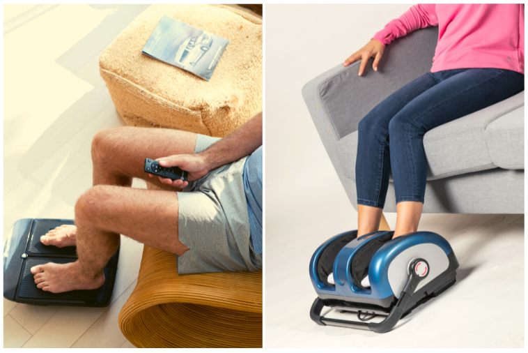 woman using RelaxaTilt X Foot Massager and Man using Vitalize Foot Massager Machine