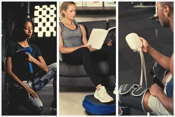 Man and woman with Lifepro vibration plate, massage gun and compression sleeve