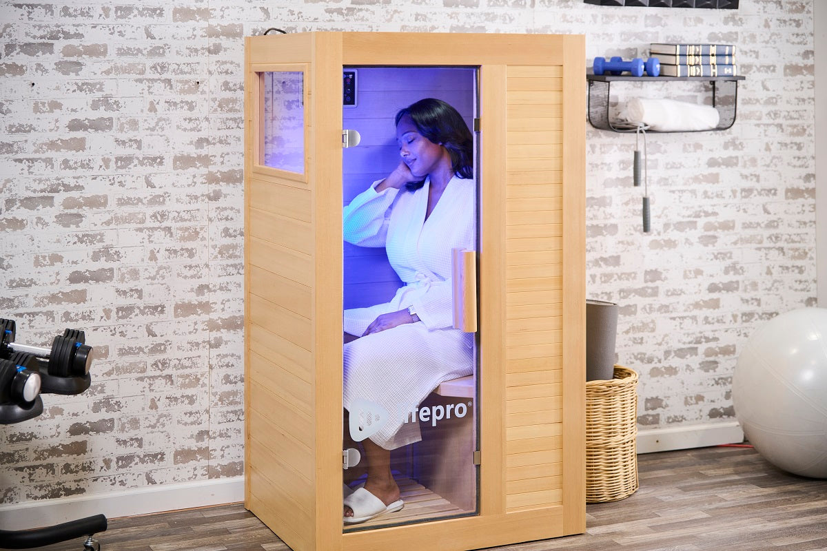Woman using at-home sauna