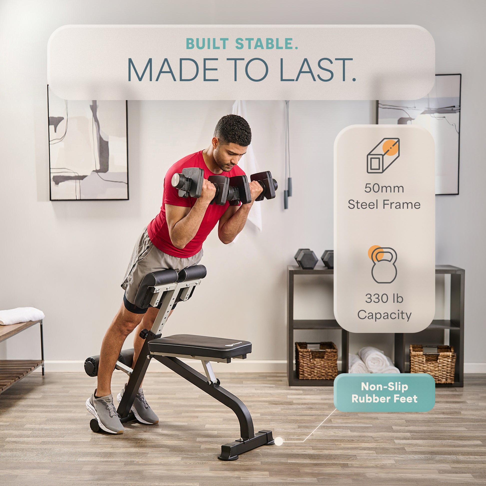 Man doing a standing bicep curl with dumbbells, one knee resting on the SculptTrainer's padded rollers, captioned 'Built Stable. Made to Last,' with callouts for a 50mm steel frame, 330 lb capacity, and non-slip rubber feet.