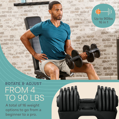 Man seated in a chair doing a bicep curl with the TriForm Max dumbbell, with an inset photo of it on its tray, captioned 'Rotate & Adjust From 4 to 90 lb — Up to 90 lbs, 16 in 1, a total of 16 weight options to go from a beginner to a pro.'