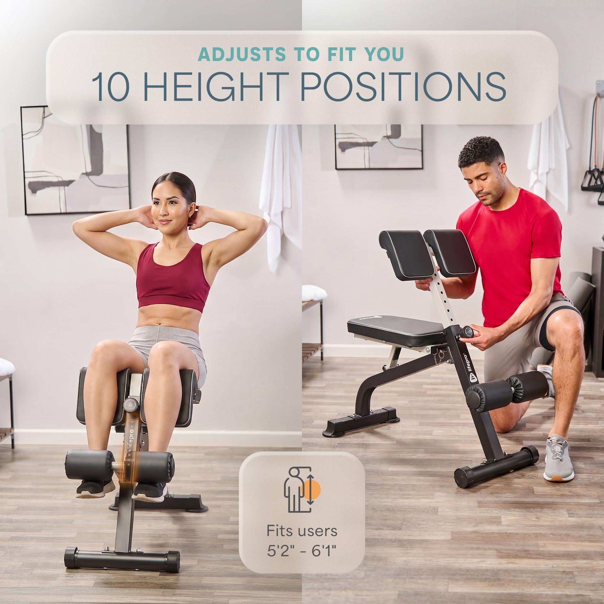 Two-panel image: a woman sitting on the SculptTrainer stretching, and a man kneeling on it adjusting the seat height, captioned 'Adjusts to Fit You: 10 Height Positions — Fits Users 5'2" - 6'1".'