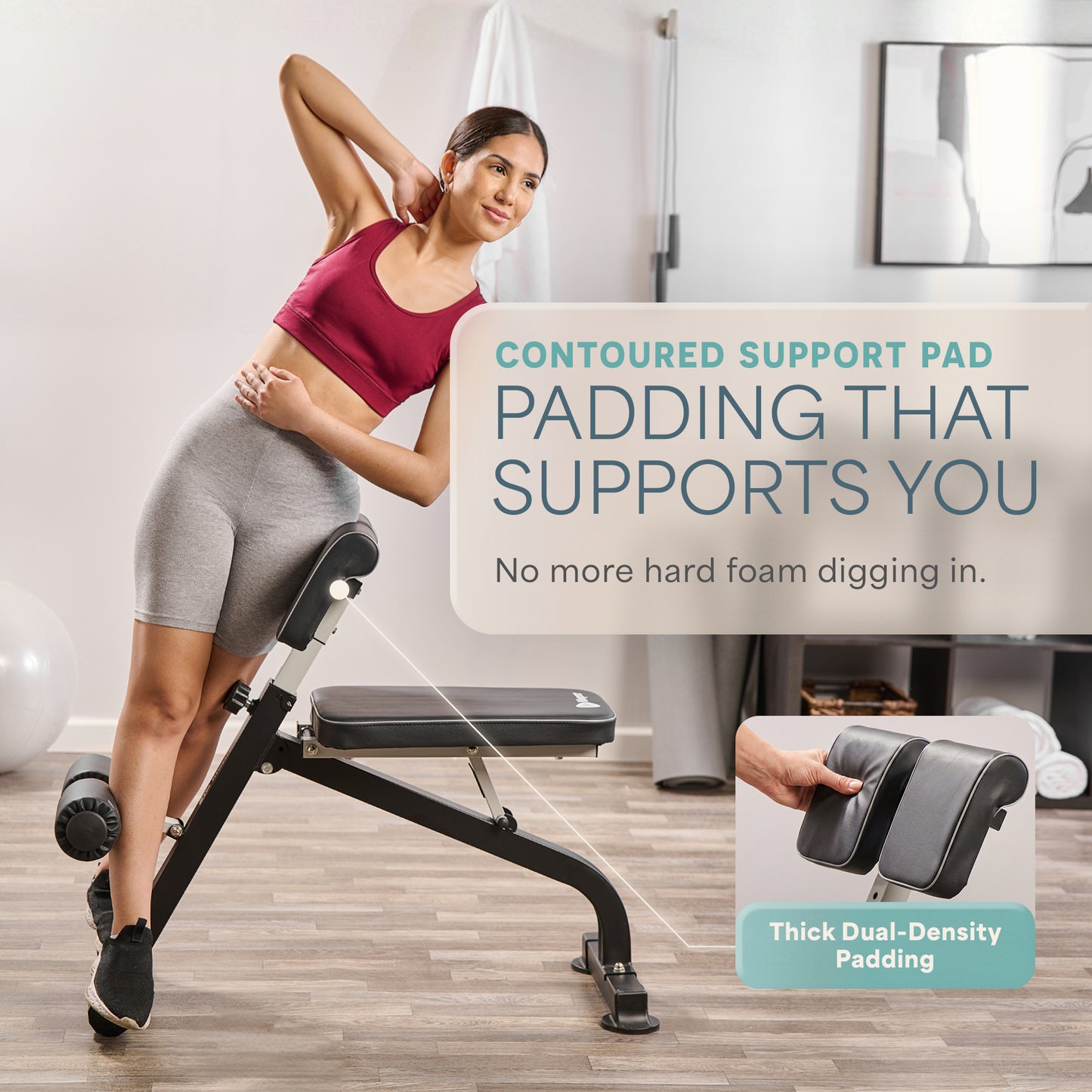 Woman leaning against the SculptTrainer's padded shoulder support with one arm behind her neck, captioned 'Contoured Support Pad: Padding That Supports You — No More Hard Foam Digging In,' with an inset close-up of the thick dual-density padding.