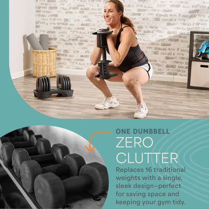 Woman doing a squat while holding the TriForm Max dumbbell, with an inset photo of it resting on its storage tray, captioned 'One Dumbbell, Zero Clutter — Replaces 16 traditional weights with a single, sleek design.'