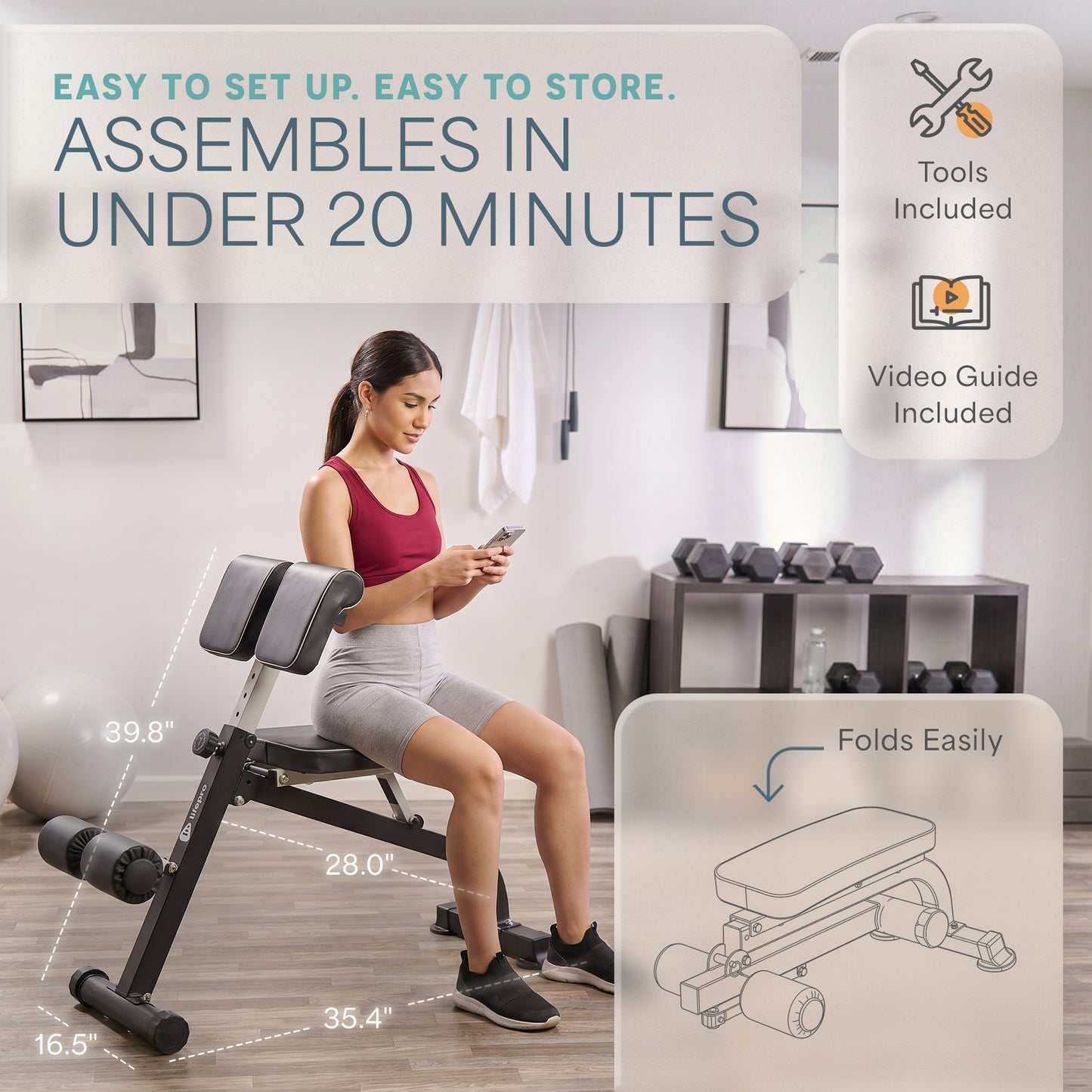 Woman sitting on the SculptTrainer using her phone, captioned 'Easy to Set Up. Easy to Store. Assembles in Under 20 Minutes,' with an overall dimensions diagram (39.8 x 35.4 x 16.5 in, 28 in seat height) and a 'Folds Easily' inset diagram.