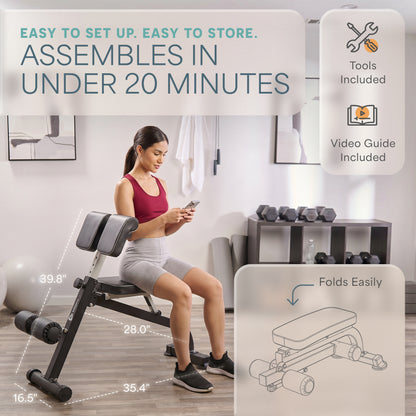 Woman sitting on the SculptTrainer using her phone, captioned 'Easy to Set Up. Easy to Store. Assembles in Under 20 Minutes,' with an overall dimensions diagram (39.8 x 35.4 x 16.5 in, 28 in seat height) and a 'Folds Easily' inset diagram.