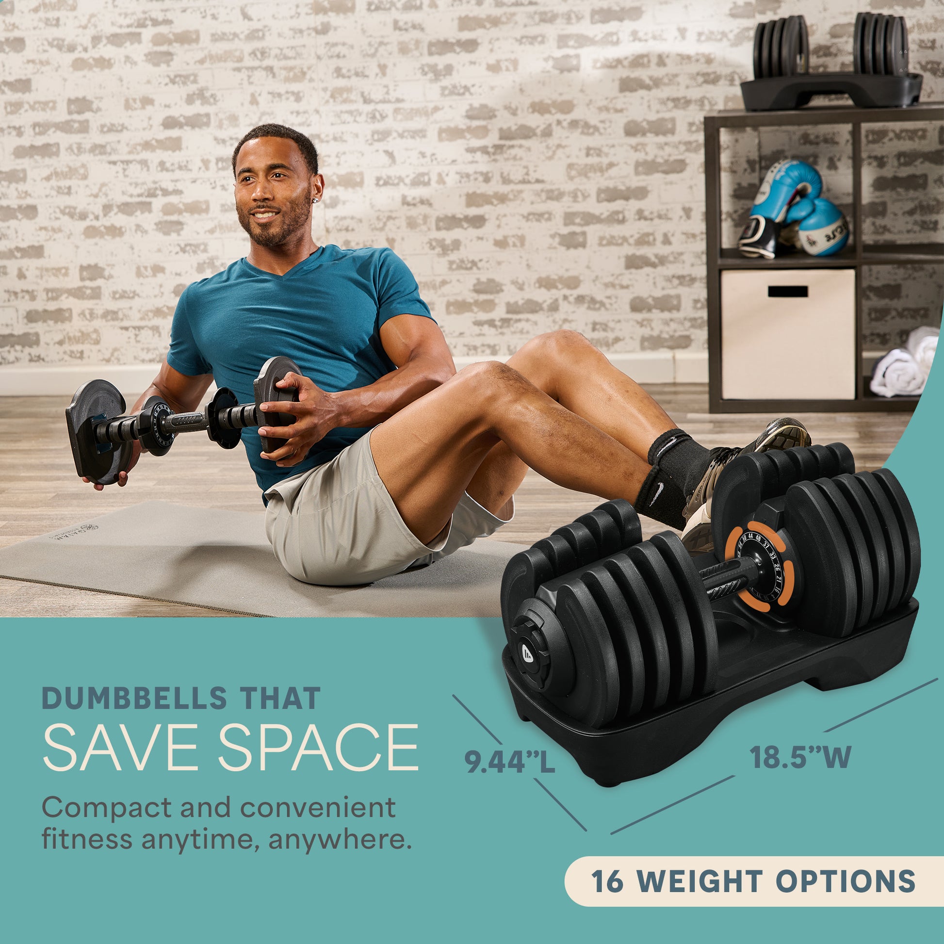 Man doing a seated leg raise holding the TriForm Max dumbbell horizontally, with an inset photo of it on its tray showing 9.44 in length and 18.5 in width, captioned 'Dumbbells That Save Space — 16 Weight Options.'