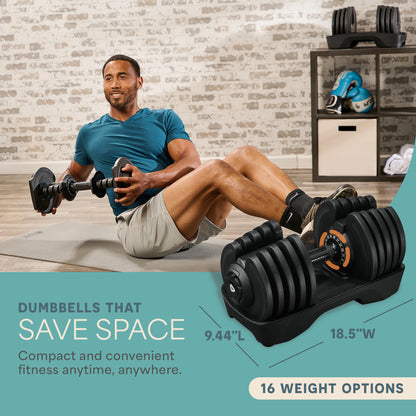 Man doing a seated leg raise holding the TriForm Max dumbbell horizontally, with an inset photo of it on its tray showing 9.44 in length and 18.5 in width, captioned 'Dumbbells That Save Space — 16 Weight Options.'