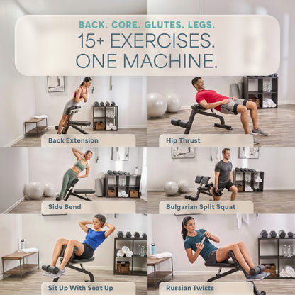 Six-panel collage captioned 'Back. Core. Glutes. Legs. 15+ Exercises. One Machine' showing the SculptTrainer used for back extensions, hip thrusts, side bends, Bulgarian split squats, sit-ups, and Russian twists.