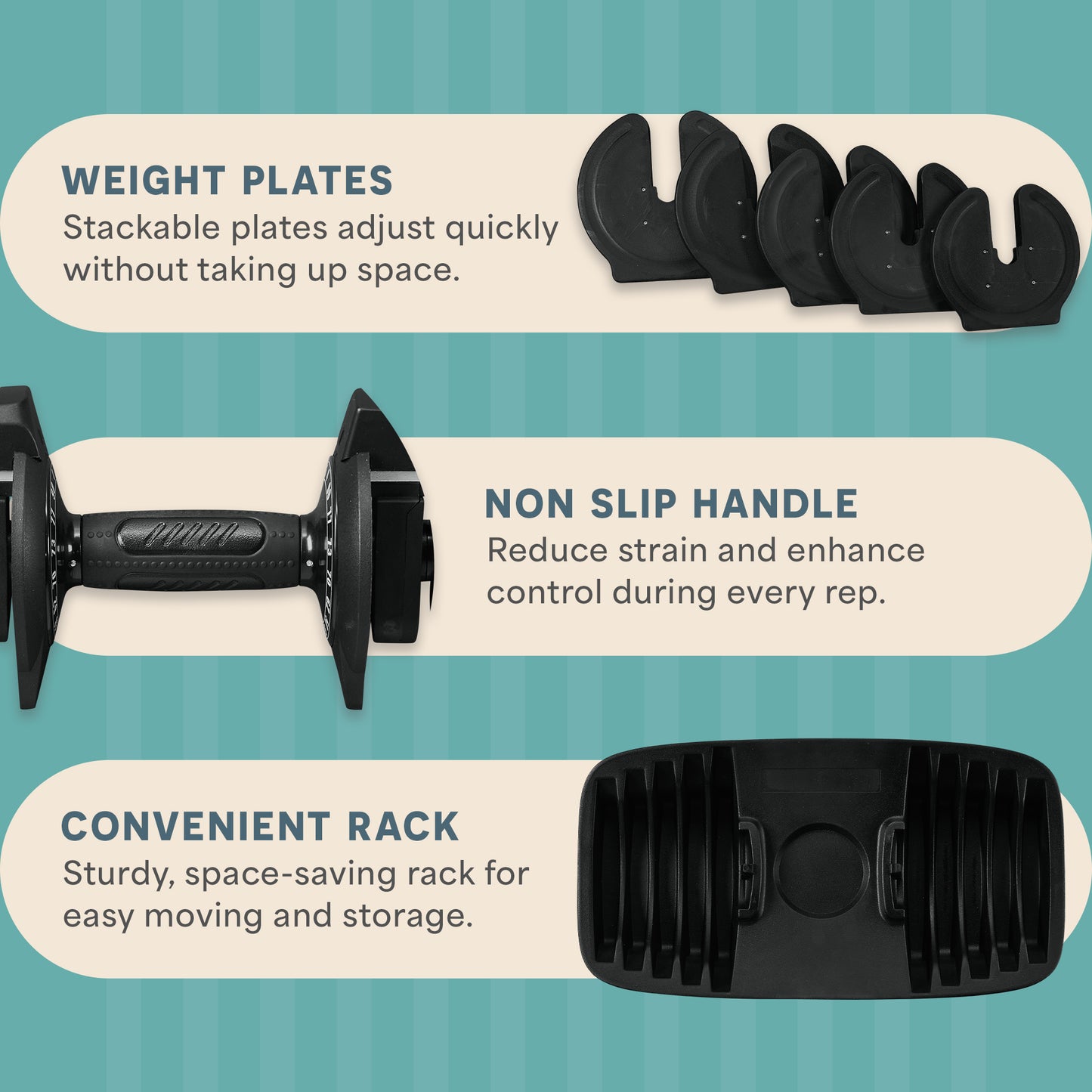 Three close-up panels of the TriForm Max: its stacked crescent-shaped weight plates, its textured non-slip handle, and its ridged storage tray, captioned 'Weight Plates,' 'Non Slip Handle,' and 'Convenient Rack.'