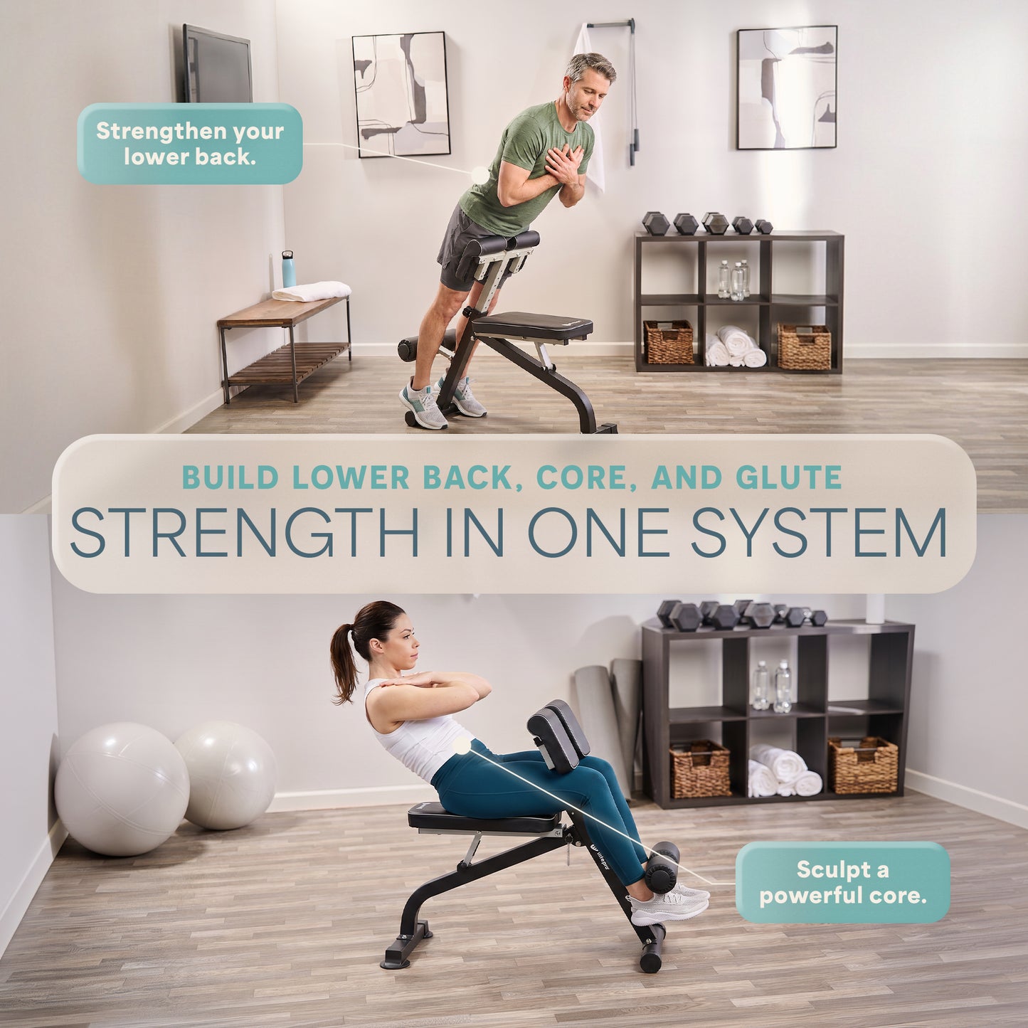 Two-panel image captioned 'Build Lower Back, Core, and Glute Strength in One System': a man standing at the SculptTrainer doing a back extension ('Strengthen your lower back'), and a woman doing a seated crunch on it ('Sculpt a powerful core').
