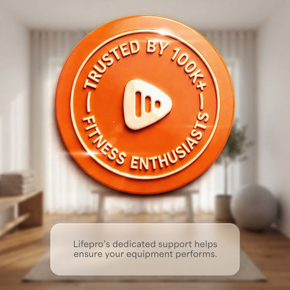 LifePro 'Trusted by 100K+ Fitness Enthusiasts' badge with a play-button icon, captioned 'Lifepro's dedicated support helps ensure your equipment performs.'