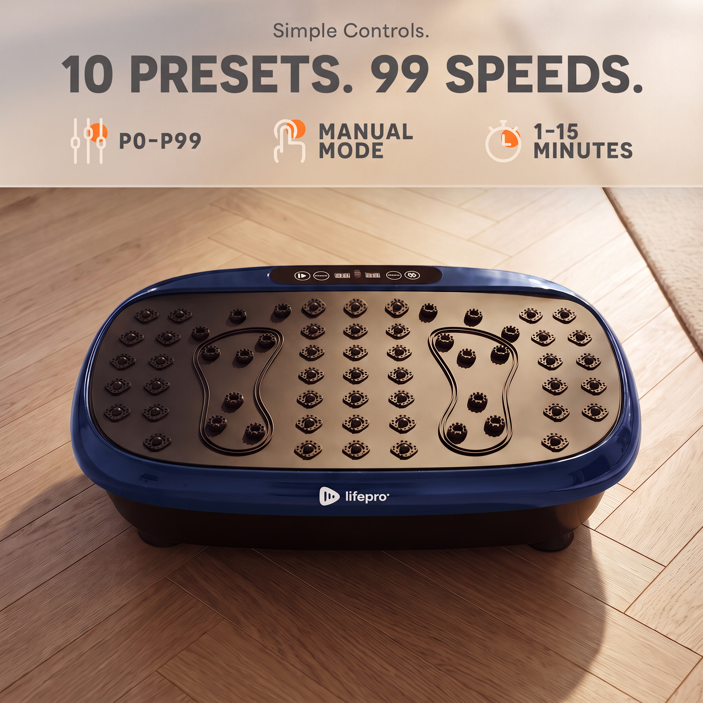 Front view of the navy HexaPlate Lite's acupressure-node surface and control panel, captioned 'Simple Controls: 10 Presets. 99 Speeds,' with P0-P99 preset range, manual mode, and 1-15 minute timer callouts.