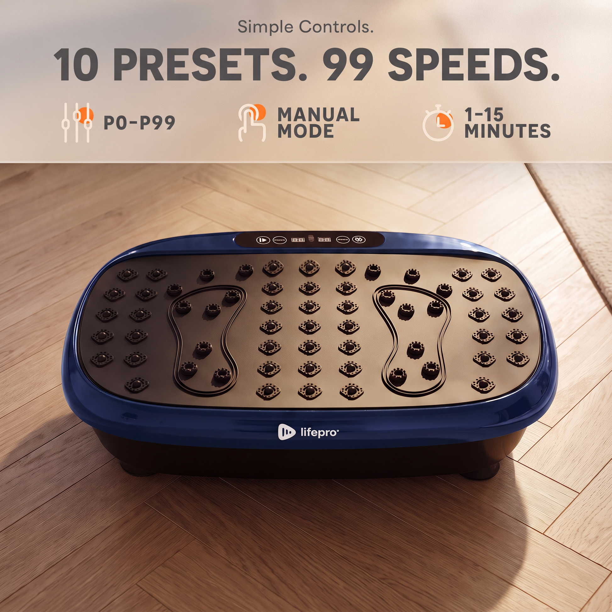 Front view of the navy HexaPlate Lite's acupressure-node surface and control panel, captioned 'Simple Controls: 10 Presets. 99 Speeds,' with P0-P99 preset range, manual mode, and 1-15 minute timer callouts.