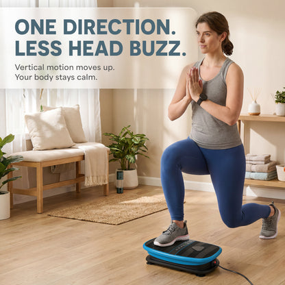 Infographic titled One Direction, Less Head Buzz, showing a woman doing a reverse lunge with hands clasped on the VibraVoice plate.