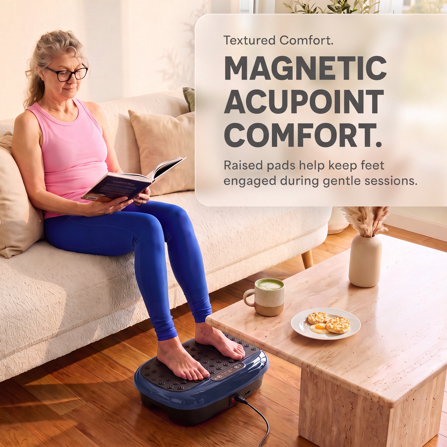 Navy HexaPlate Lite shown with its dimensions (21.7 x 13.4 x 5.9 in) and specs — 266 lb max capacity, 13 lb unit weight, 200W power — captioned 'Built for Everyday Use,' with a water bottle and diffuser in the background.