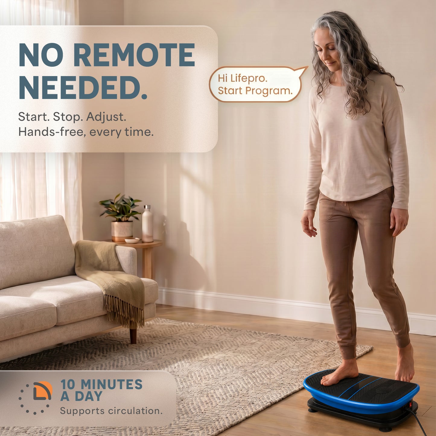 Infographic titled No Remote Needed, showing an older woman standing on the VibraVoice plate giving a voice command to start a program.
