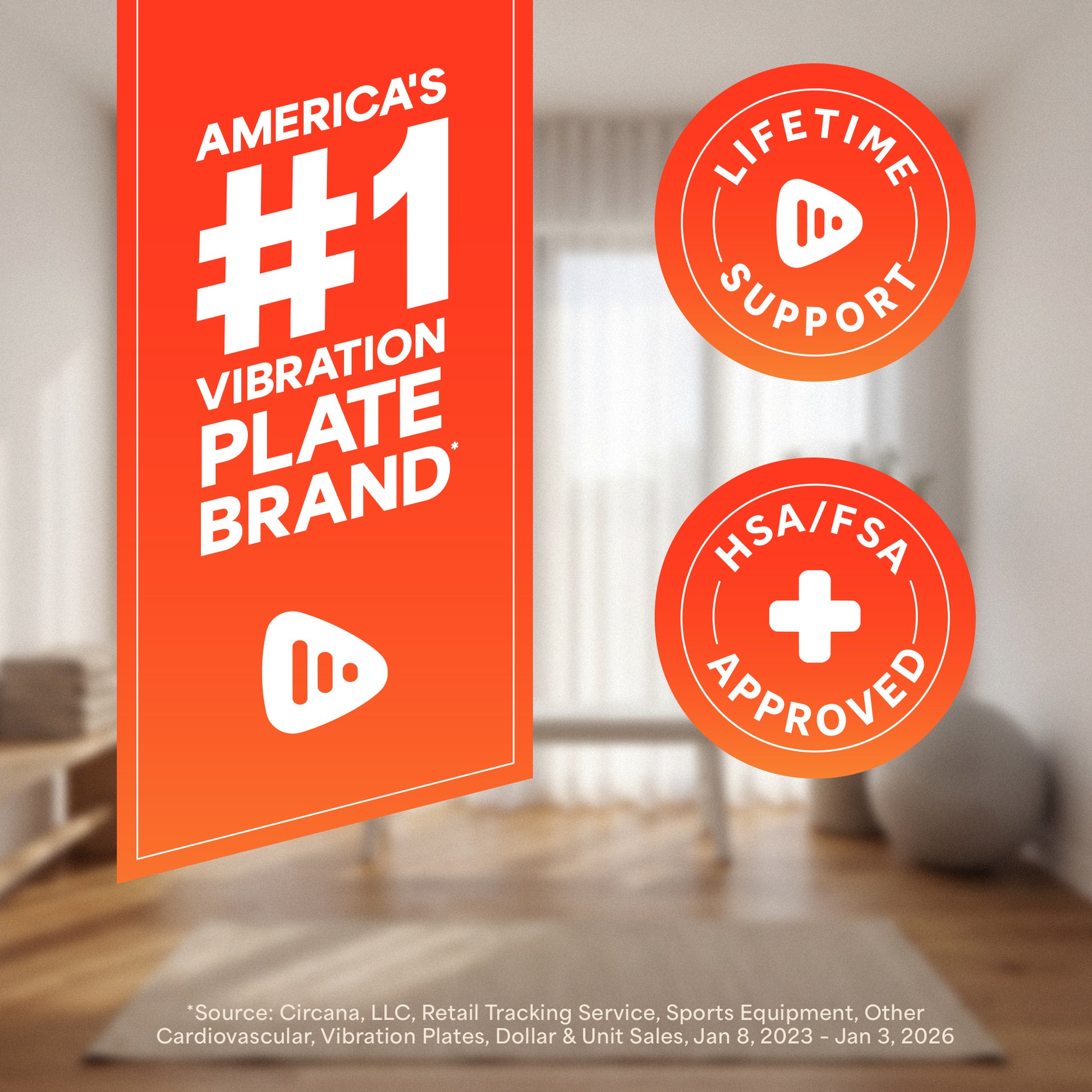 Infographic reading America's #1 Vibration Plate Brand, with Lifetime Support and HSA/FSA Approved badges.