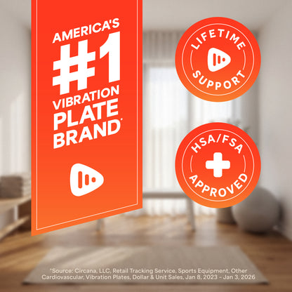 Infographic reading America's #1 Vibration Plate Brand, with Lifetime Support and HSA/FSA Approved badges.