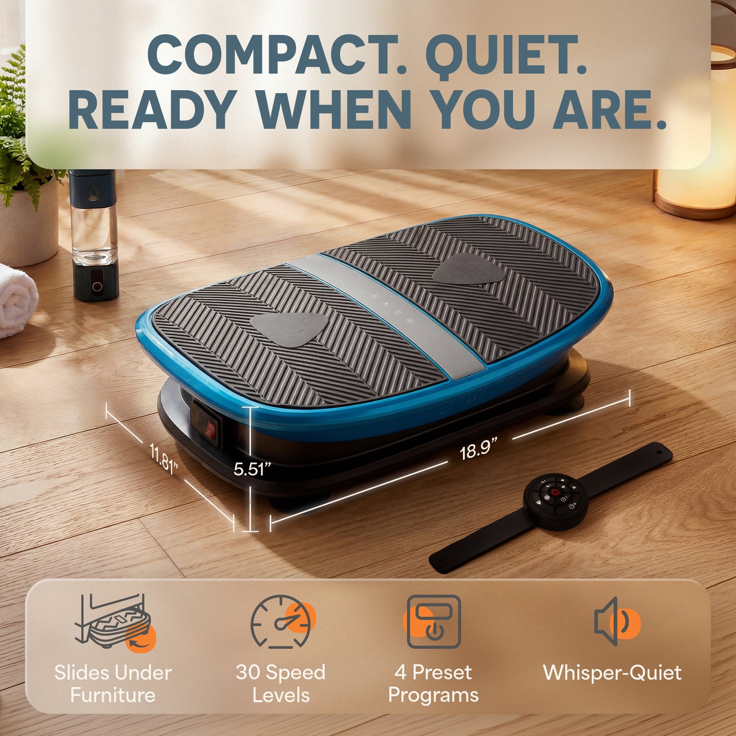 Infographic titled Compact, Quiet, Ready When You Are, showing the VibraVoice plate's dimensions (18.9 x 11.81 x 5.51 in) next to its wrist remote.