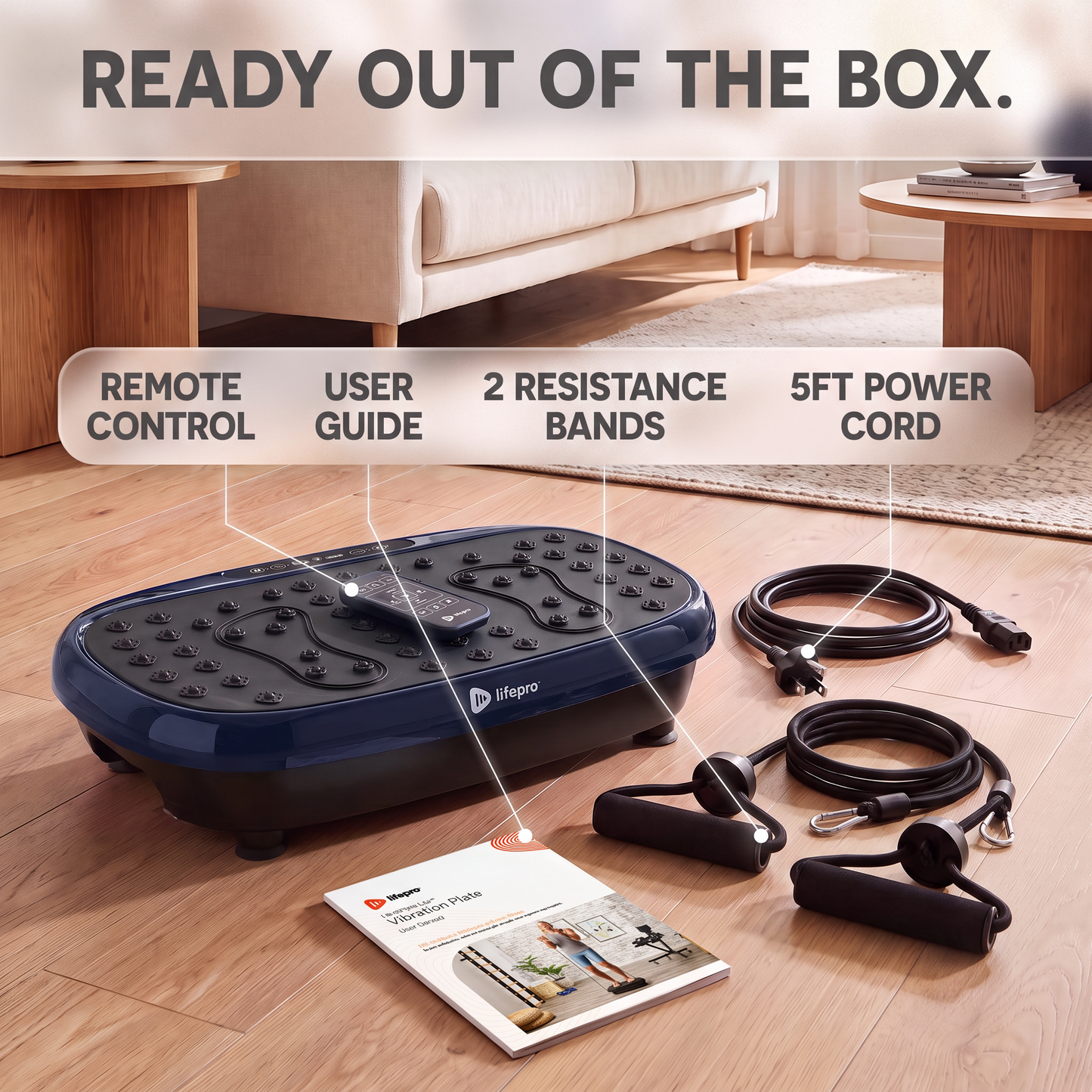 HexaPlate Lite with its included wireless remote, printed user guide, two resistance bands, and 5ft power cord laid out beside it, captioned 'Ready Out of the Box.'