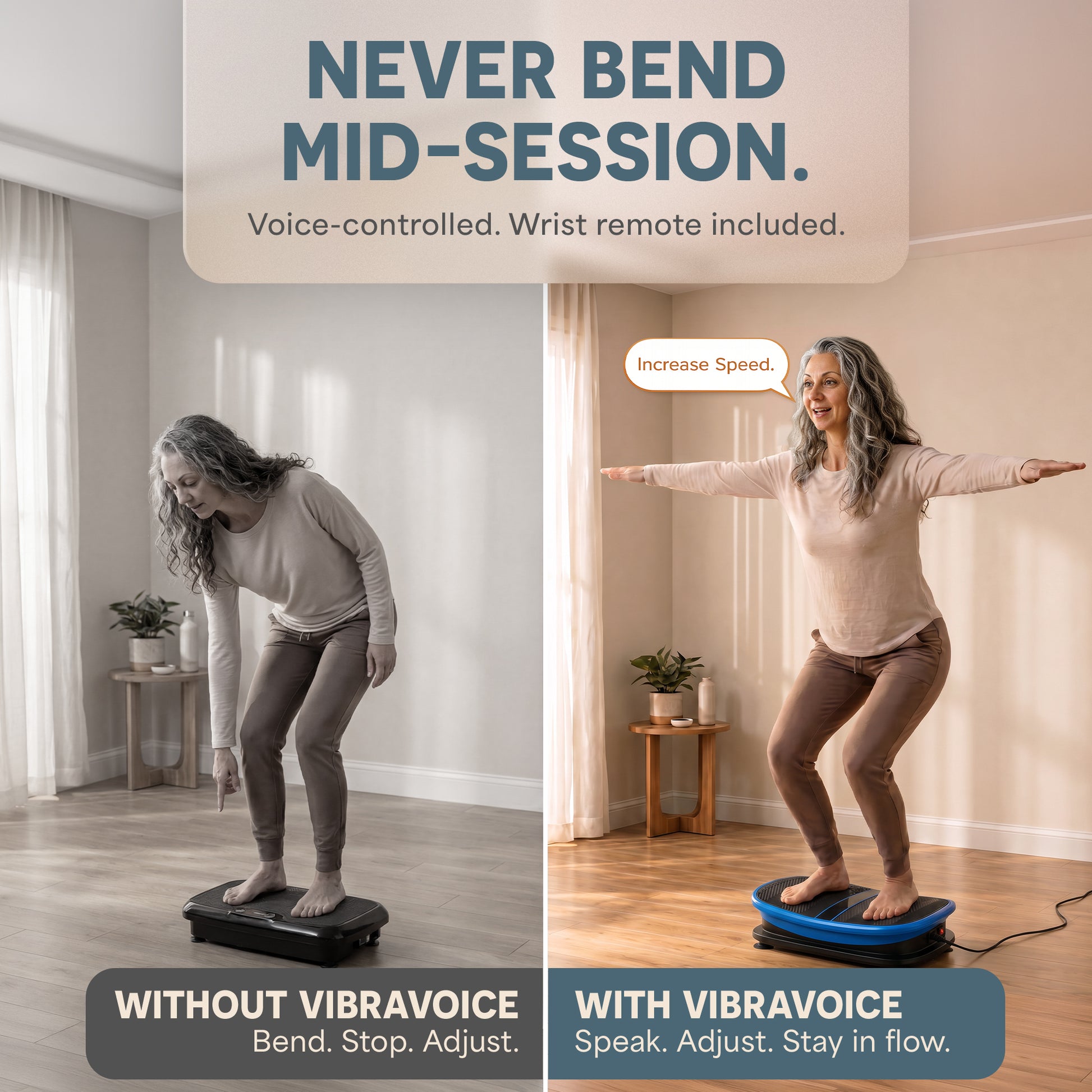Infographic titled Never Bend Mid-Session, contrasting a woman bending down to adjust a plate manually versus giving the VibraVoice a voice command.