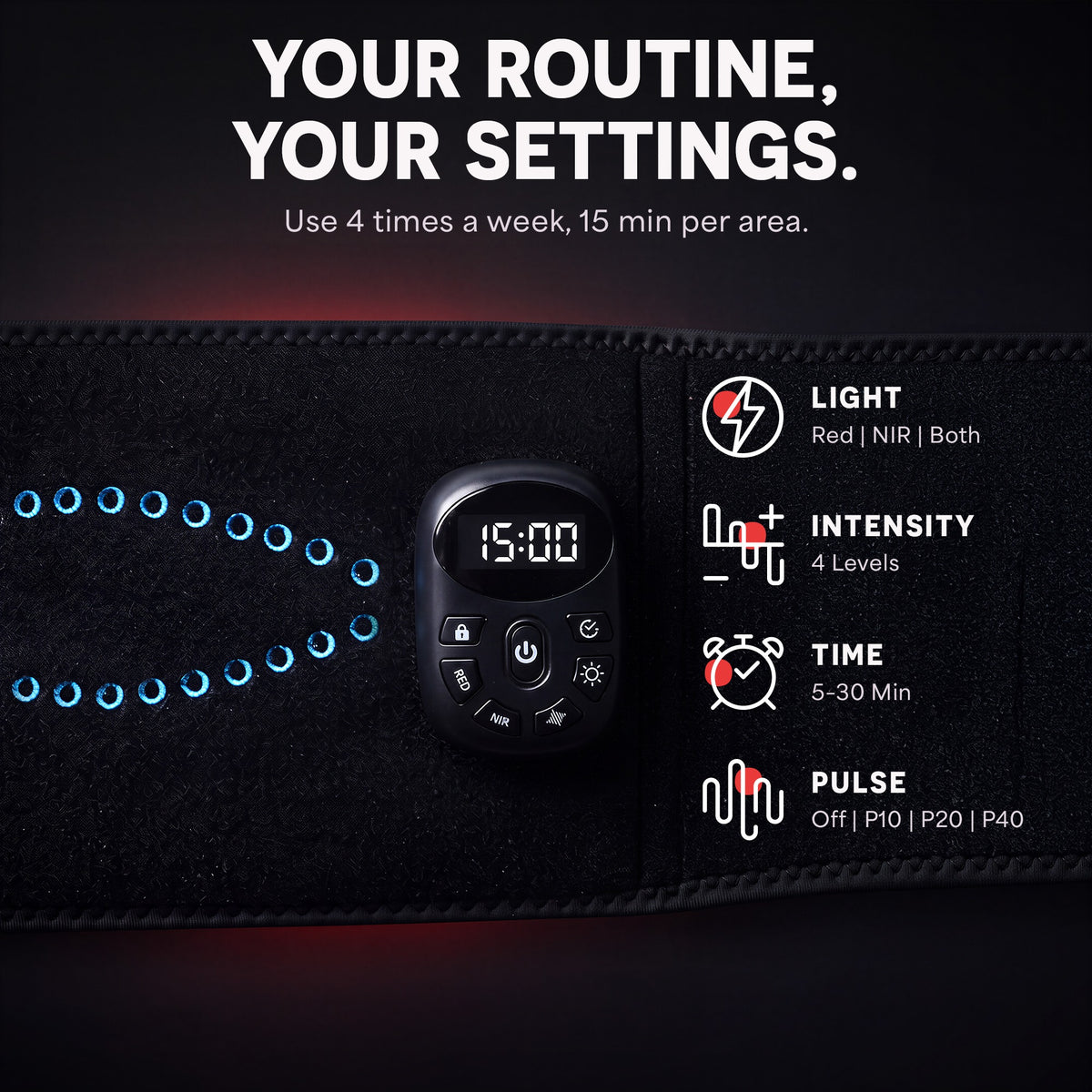 AllevaRed Pro Elite Red Light Therapy Belt: Control Settings
