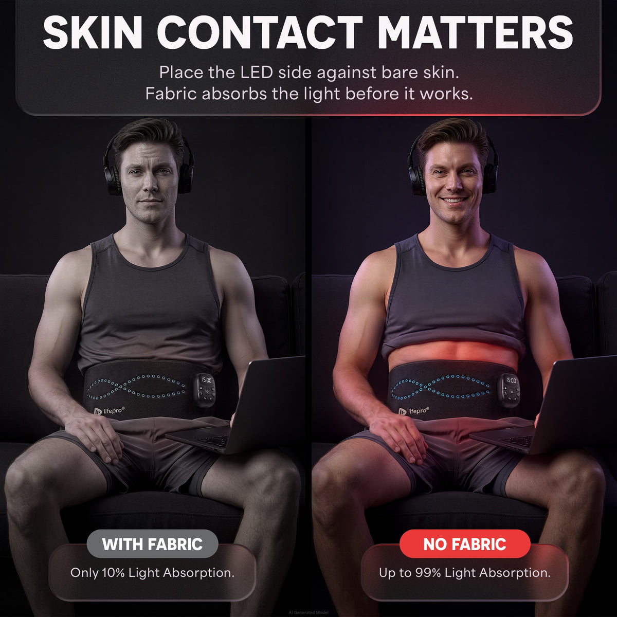 AllevaRed Pro Elite Red Light Therapy Belt: Skin Contact