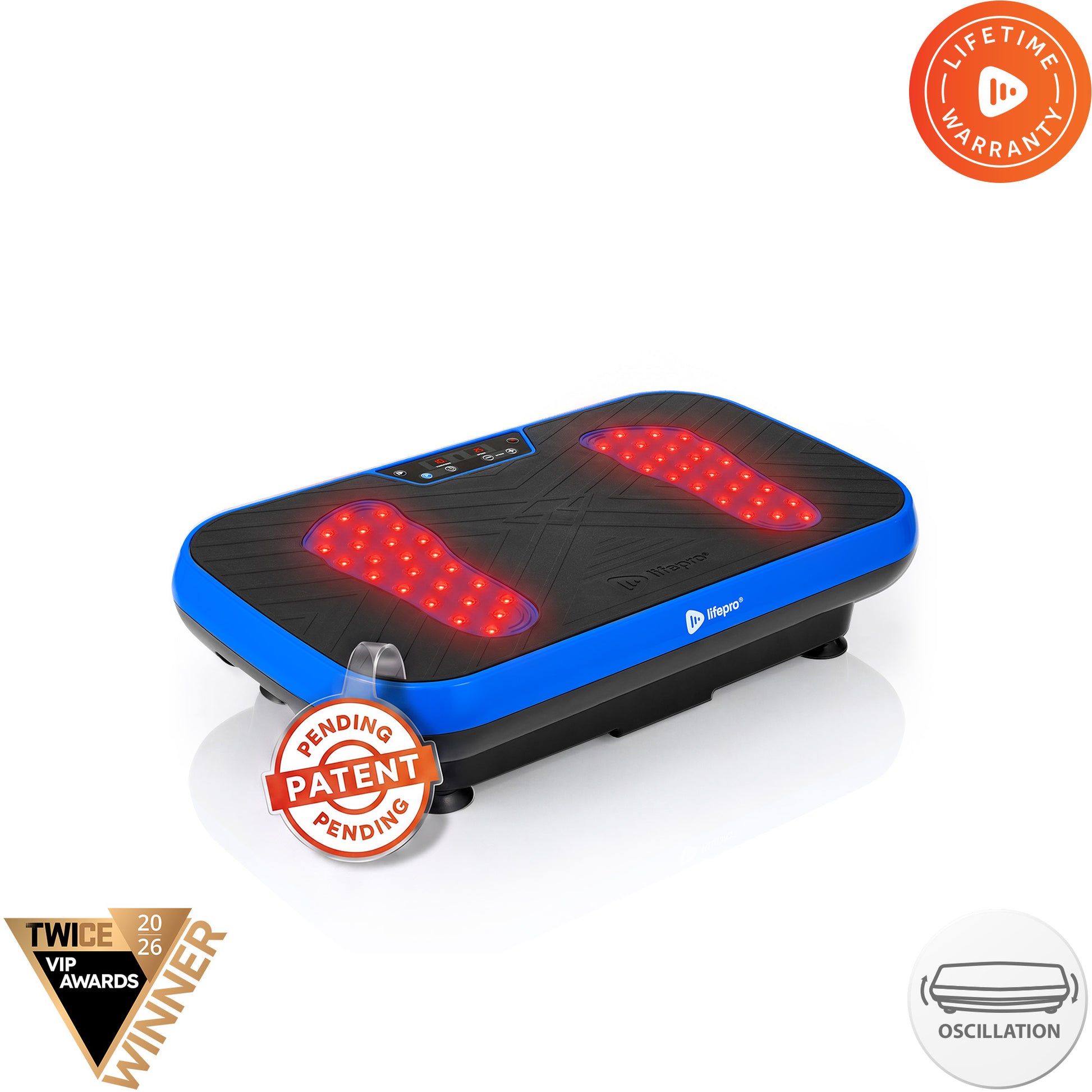 VibraRed vibration plate in blue with red light therapy LEDs lit in footprint shapes, Patent Pending badge, TWICE VIP Awards 2026 Winner badge, and a Lifetime Warranty badge.