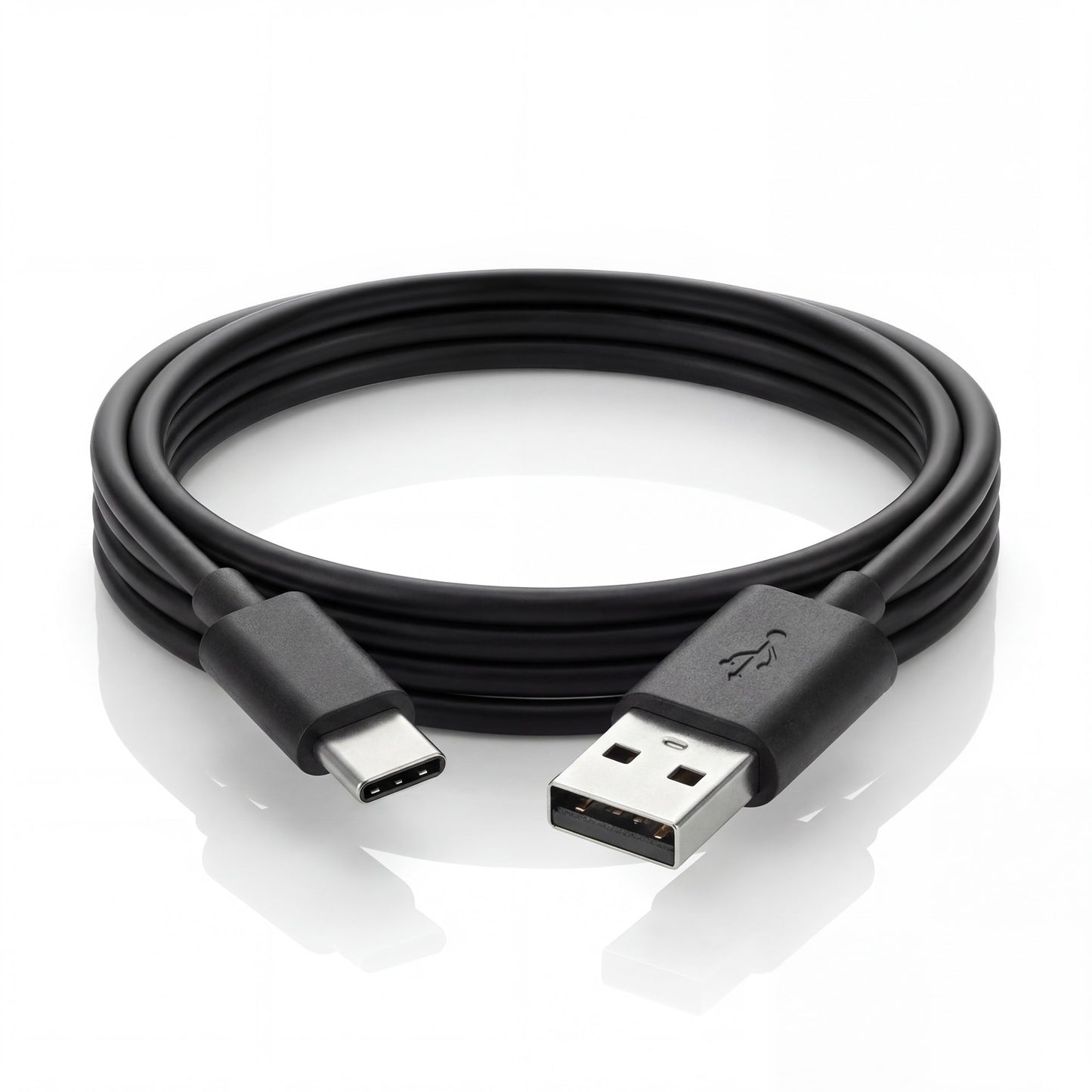 Black USB cable with Type-C connector on a white background