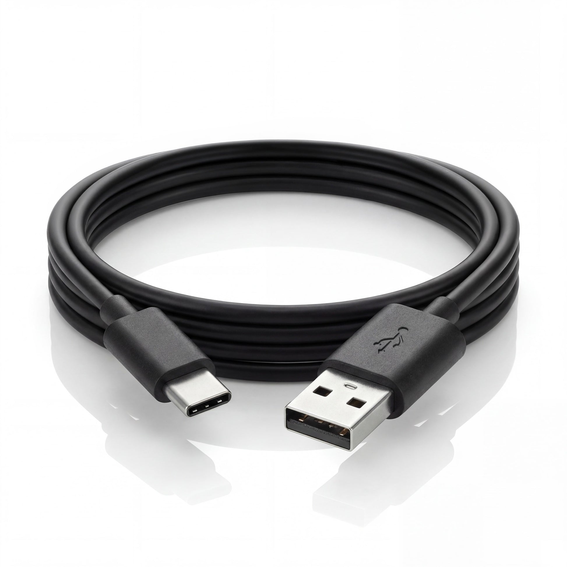 Black USB cable with Type-C connector on a white background
