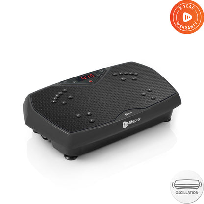 Black HexaPlate vibration plate with a magnetic acupressure node pattern, showing a 4:45 timer display and a 2 Year Warranty badge.