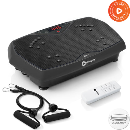 Black HexaPlate vibration plate shown with its resistance bands and remote control accessories.