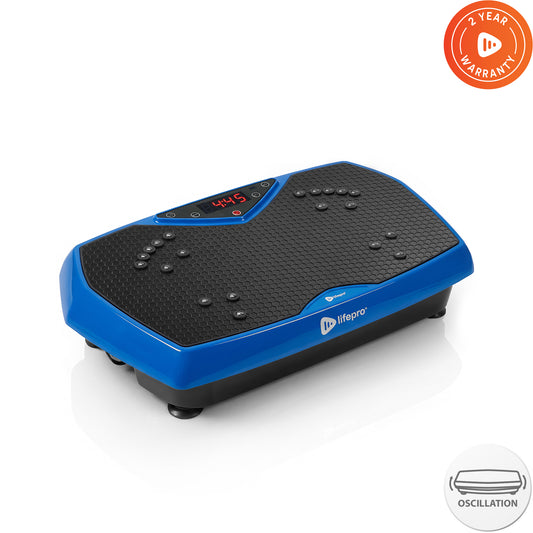 Blue HexaPlate vibration plate with a magnetic acupressure node pattern on its surface, showing a 4:45 timer display and a 2 Year Warranty badge.