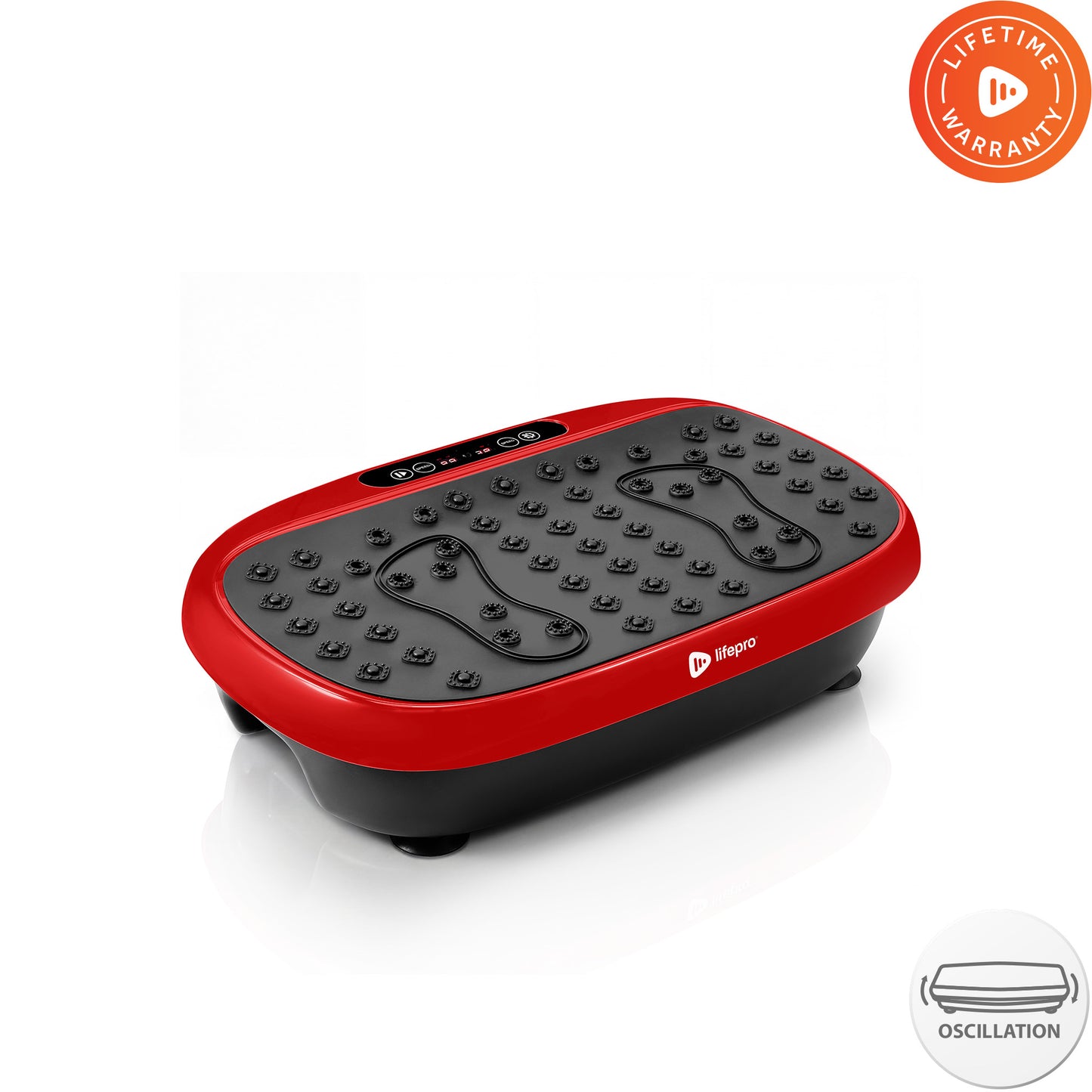 Red HexaPlate Lite vibration plate, studio shot showing its acupressure massage nodes, two foot-zone outlines, and a Lifetime Warranty badge — contradicts the surviving original product photo on this listing, which shows a 2 Year Warranty badge instead.