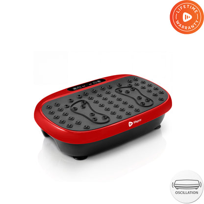Red HexaPlate Lite vibration plate, studio shot showing its acupressure massage nodes, two foot-zone outlines, and a Lifetime Warranty badge — contradicts the surviving original product photo on this listing, which shows a 2 Year Warranty badge instead.
