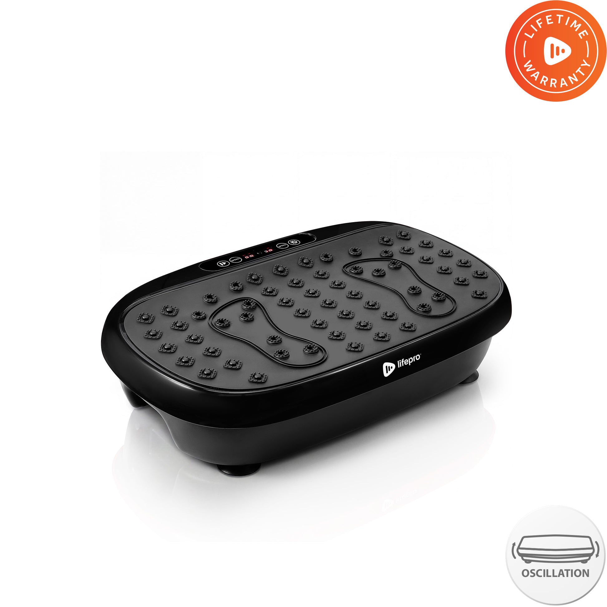 Lifepro HexaPlate Lite vibration plate in black, angled studio shot with Lifetime Warranty and oscillation badges.