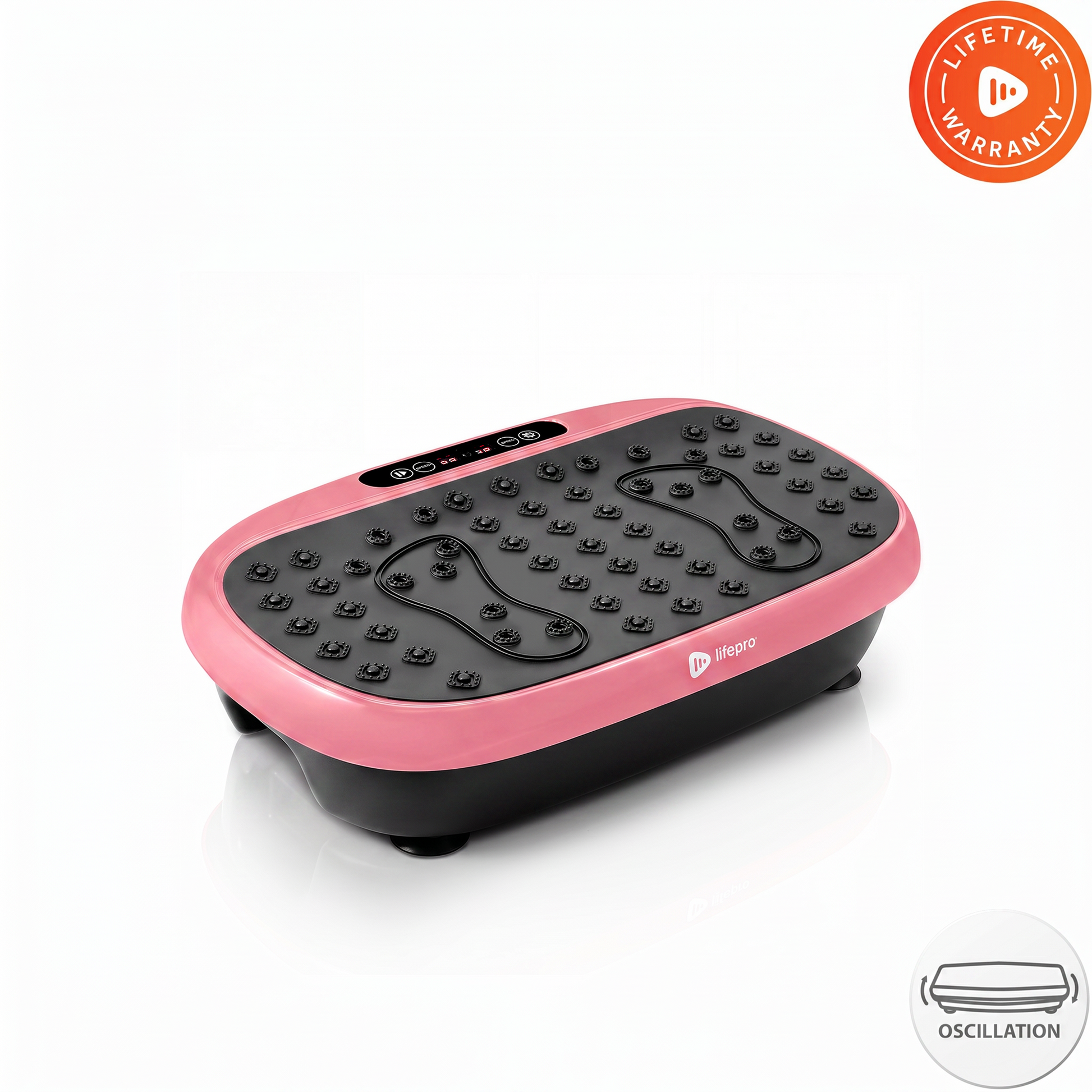 Lifepro HexaPlate Lite vibration plate in light pink, angled studio shot with Lifetime Warranty and oscillation badges.
