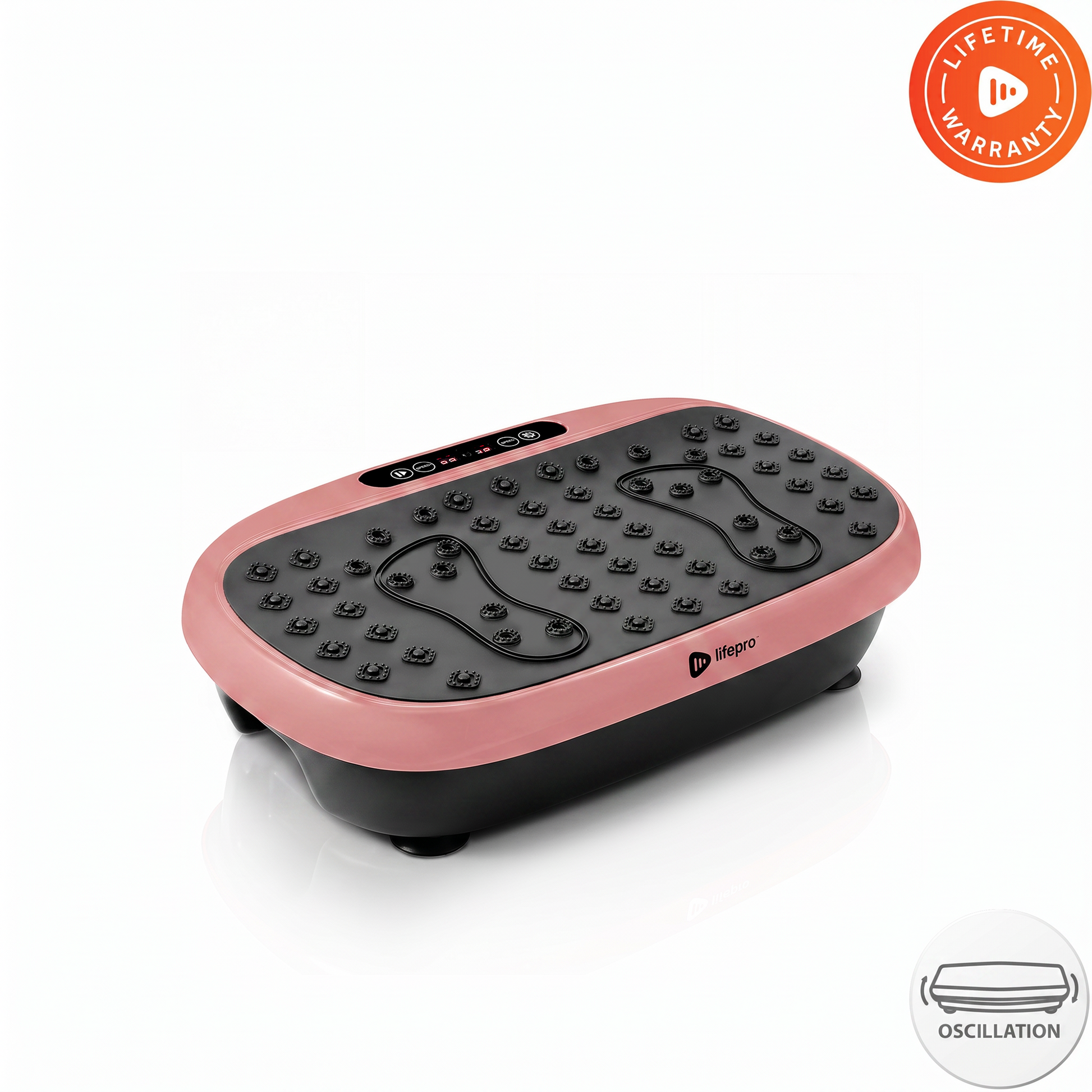Lifepro HexaPlate Lite vibration plate in a dusty rose-pink finish, angled studio shot with Lifetime Warranty and oscillation badges.