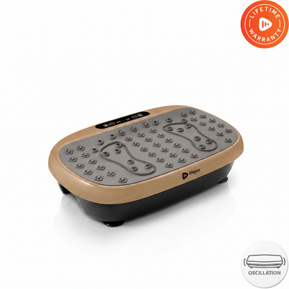 Gold HexaPlate Lite vibration plate, studio shot showing its acupressure massage nodes, two foot-zone outlines, and a Lifetime Warranty badge — contradicts the surviving original product photo on this listing, which shows a 2 Year Warranty badge instead.