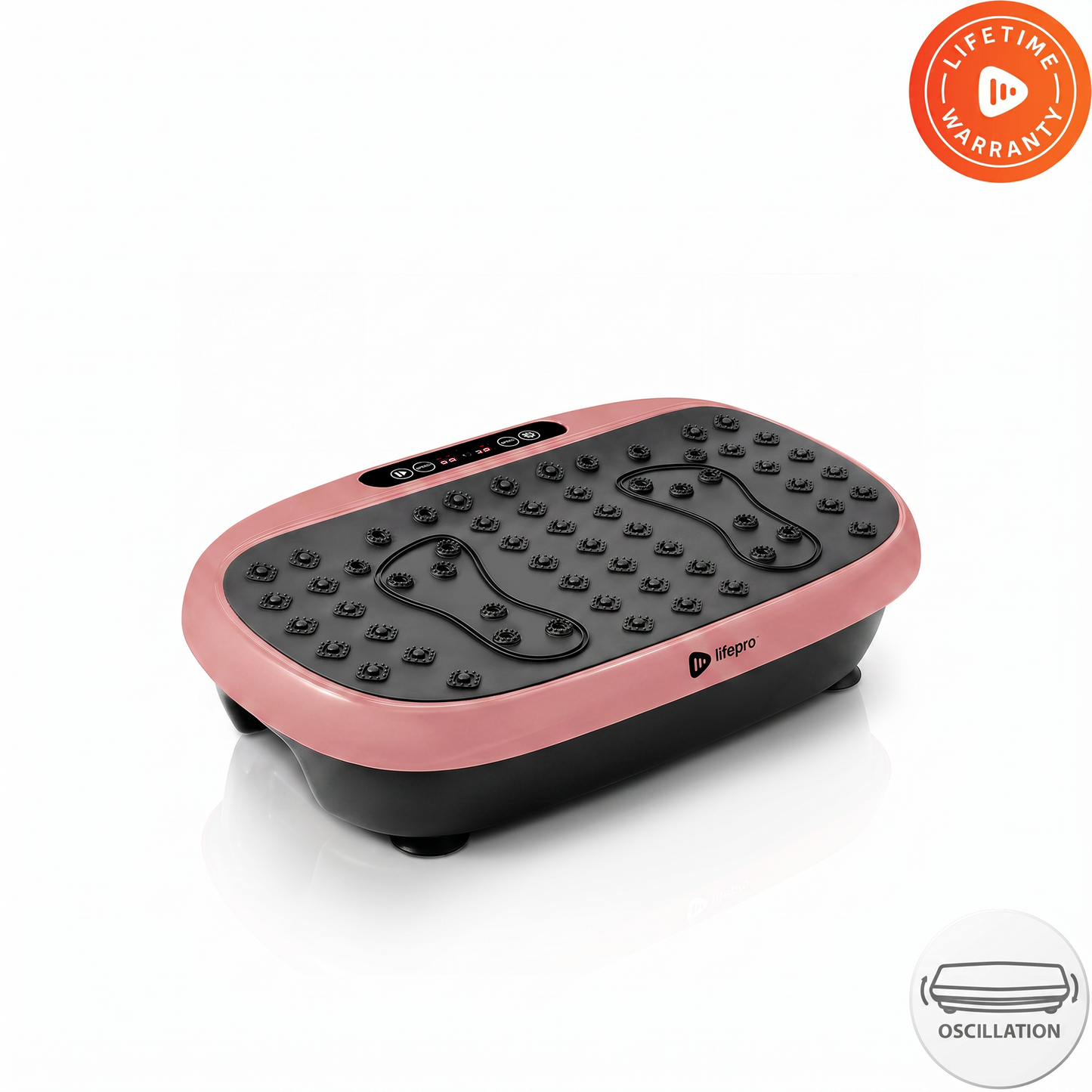 Rose pink HexaPlate Lite vibration plate, studio shot showing its acupressure massage nodes, two foot-zone outlines, and a Lifetime Warranty badge — contradicts the surviving original product photo on this listing, which shows a 2 Year Warranty badge instead.