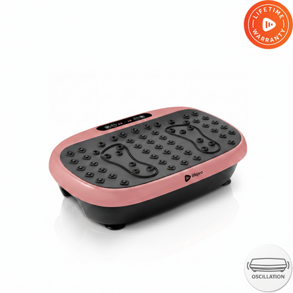Rose pink HexaPlate Lite vibration plate, studio shot showing its acupressure massage nodes, two foot-zone outlines, and a Lifetime Warranty badge — contradicts the surviving original product photo on this listing, which shows a 2 Year Warranty badge instead.